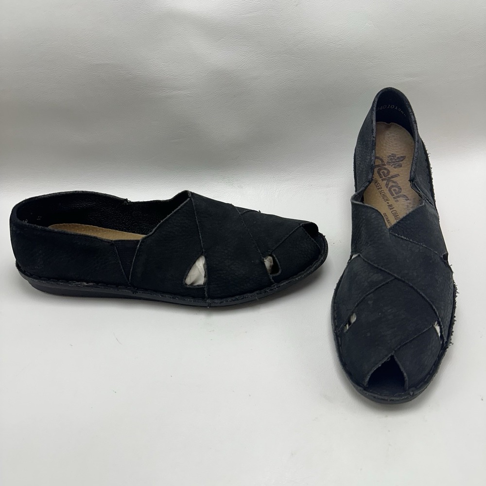Rieker Comfort Flats Cross Strap Woven Leather Women's Size 6 Black Cutout Shoes